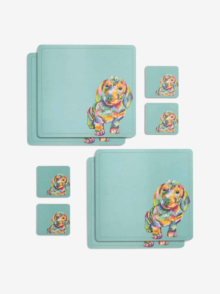 Set of 4 Teal Blue Sausage Dog Placemats and Coasters - Image 3 of 3