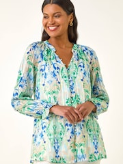 Roman Blue Printed Metallic Button Blouse - Image 1 of 5