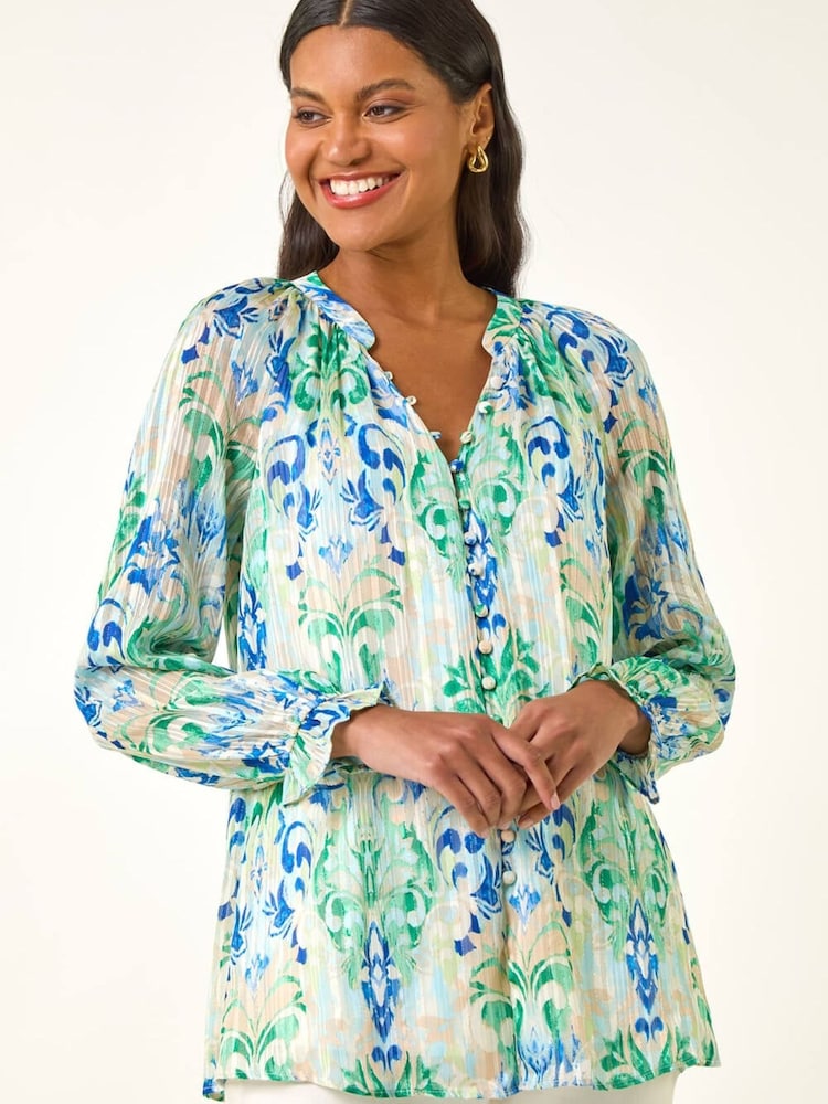 Roman Blue Printed Metallic Button Blouse - Image 1 of 5