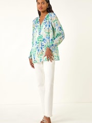 Roman Blue Printed Metallic Button Blouse - Image 3 of 5