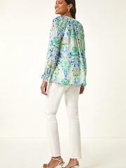 Roman Blue Printed Metallic Button Blouse - Image 4 of 5