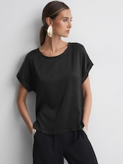 Reiss Black Helen Silk Front Crew Neck T-Shirt - Image 1 of 6