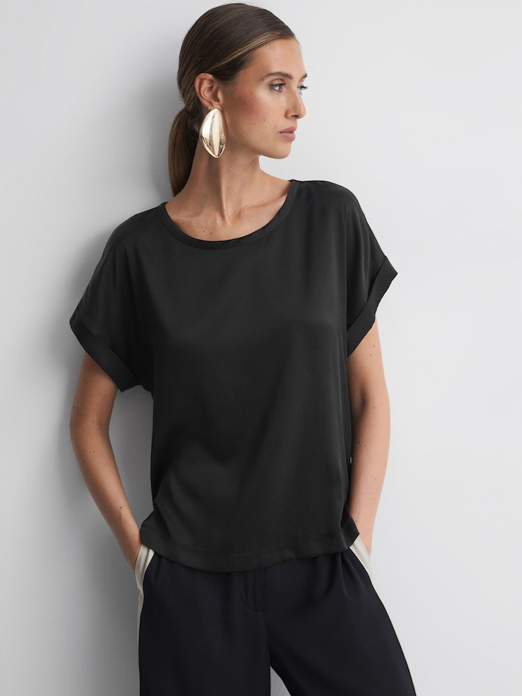 Reiss Black Helen Silk Front Crew Neck T-Shirt - Image 1 of 6