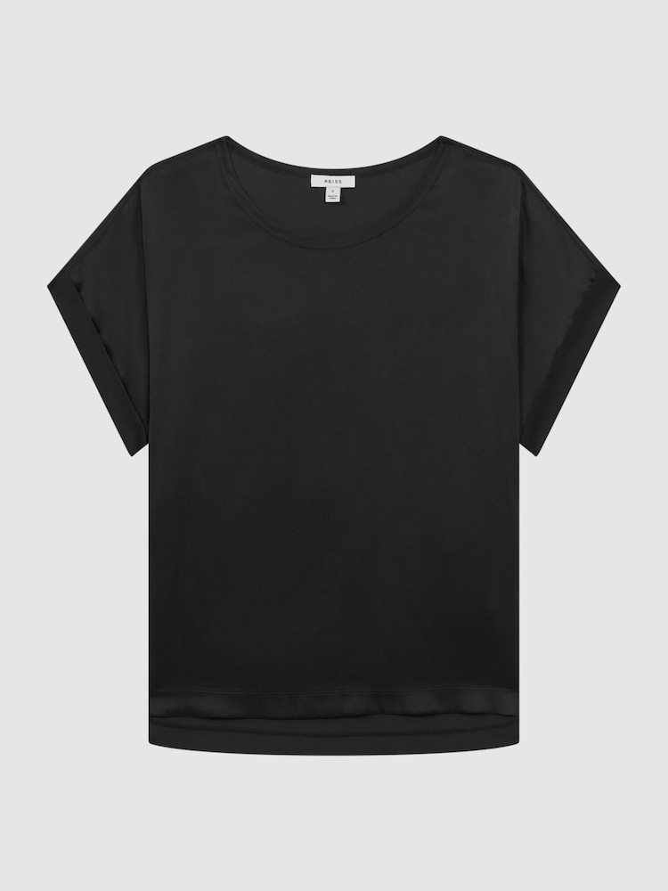 Reiss Black Helen Silk Front Crew Neck T-Shirt - Image 2 of 6