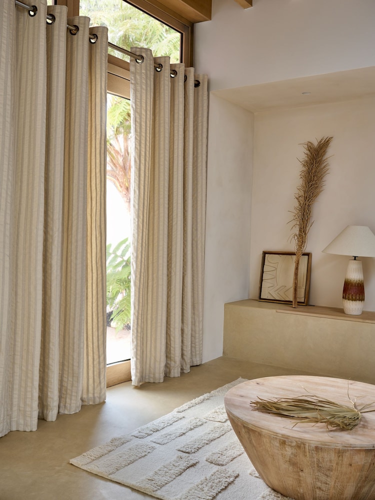 French Connection Natural Eyelet Zulu Textured Stripe Cotton Lined Curtains - Image 1 of 5