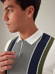 White Regular Fit Knitted Stripe Cotton Textured 100% Cotton Polo Shirt - Image 1 of 8
