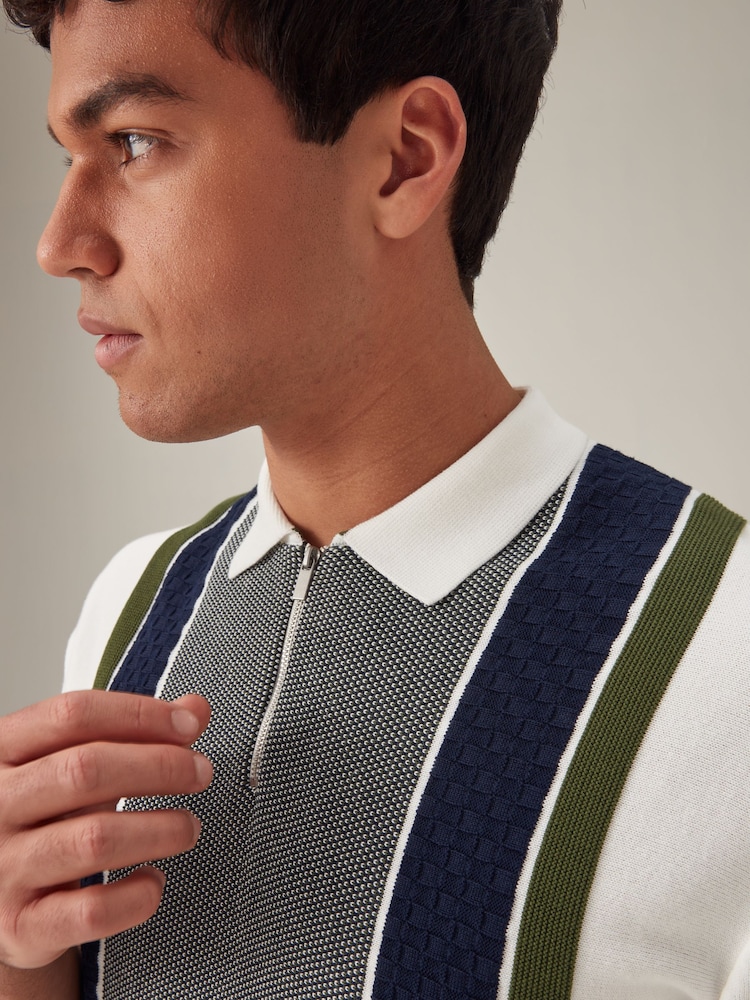 White Regular Fit Knitted Stripe Cotton Textured 100% Cotton Polo Shirt - Image 1 of 8