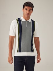 White Regular Fit Knitted Stripe Cotton Textured 100% Cotton Polo Shirt - Image 2 of 8