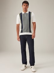 White Regular Fit Knitted Stripe Cotton Textured 100% Cotton Polo Shirt - Image 3 of 8