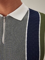 White Regular Fit Knitted Stripe Cotton Textured 100% Cotton Polo Shirt - Image 5 of 8