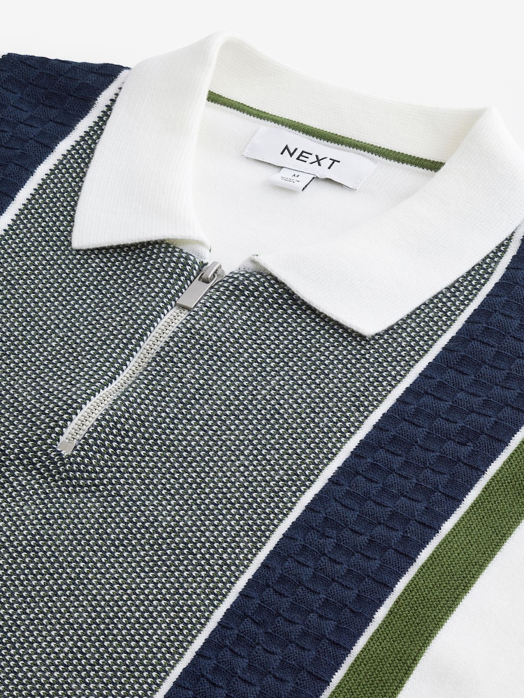 White Regular Fit Knitted Stripe Cotton Textured 100% Cotton Polo Shirt - Image 8 of 8
