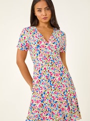 Roman Blue Petite Floral Frill Wrap Dress - Image 1 of 5
