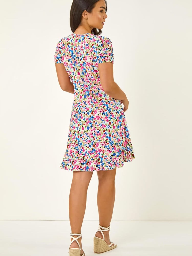 Roman Blue Petite Floral Frill Wrap Dress - Image 2 of 5