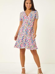 Roman Blue Petite Floral Frill Wrap Dress - Image 3 of 5