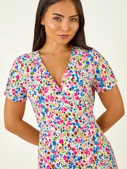 Roman Blue Petite Floral Frill Wrap Dress - Image 4 of 5