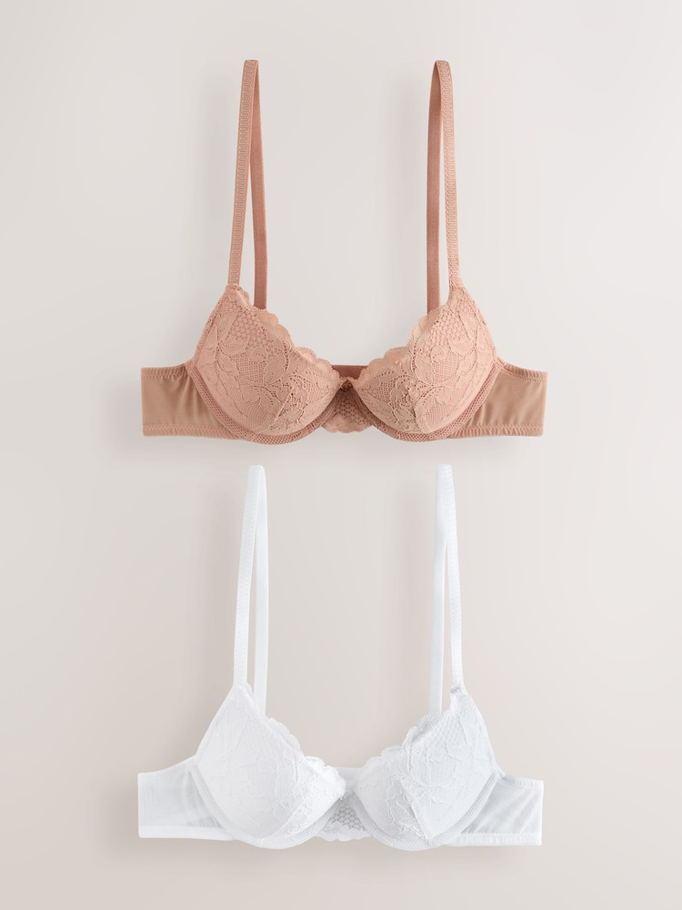 Praline Nude/White Push Up Plunge Lace Bras 2 Pack - Image 1 of 9 Praline Nude/White Push Up Plunge Lace Bras 2 Pack - Image 1 of 9