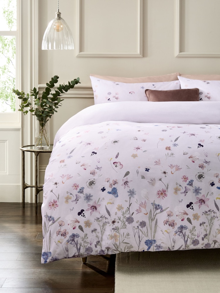 White/Pink Pressed Petal 100% Cotton Duvet Cover and Pillowcase Set - Image 1 of 4