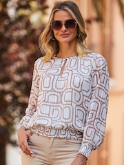 Sosandar Cream Shirred Cuff Interest Blouse With Chic Keyhole Neckline Detailing - Image 1 of 5