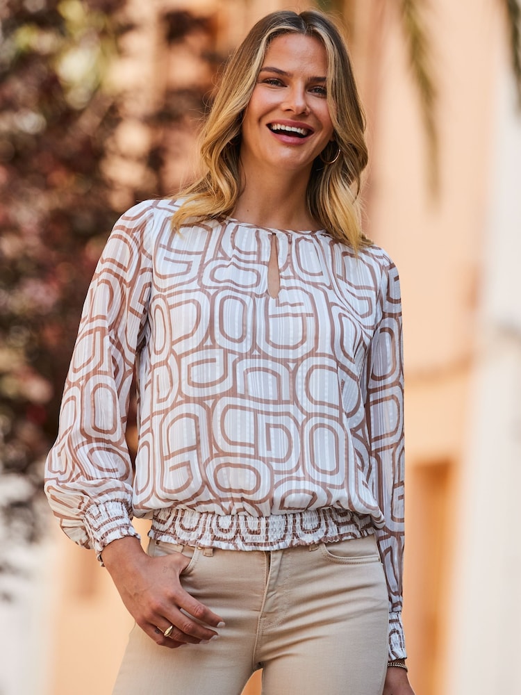 Sosandar Cream Shirred Cuff Interest Blouse With Chic Keyhole Neckline Detailing - Image 5 of 5