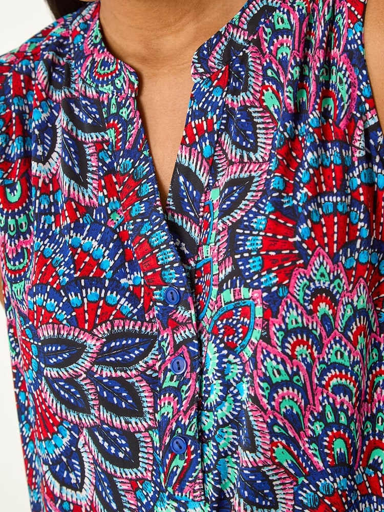 Roman Blue Abstract Print Stretch Vest Top - Image 5 of 5