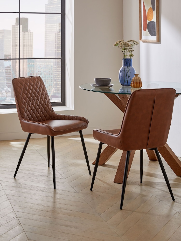 Set of 2 Faux Leather Tan Brown Hamilton Black Leg Quilted Dining Chairs - Image 1 of 10