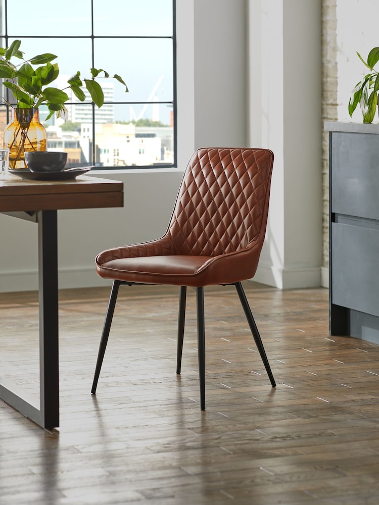 Set of 2 Faux Leather Tan Brown Hamilton Black Leg Quilted Dining Chairs - Image 2 of 10