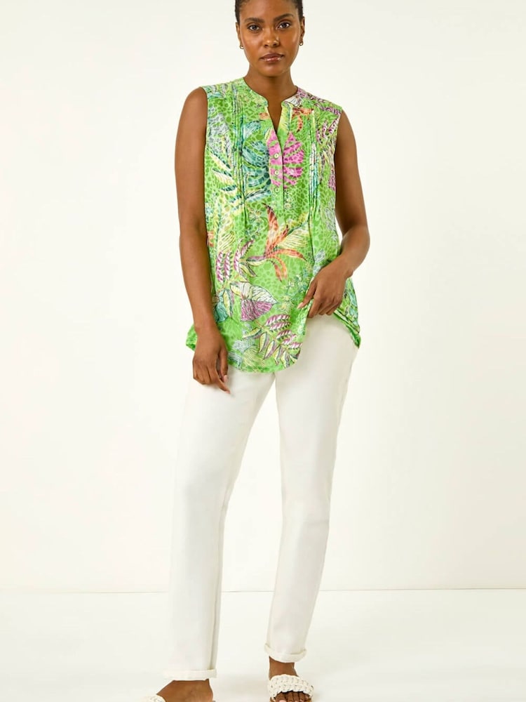 Roman Green Burnout Tropical Print Pintuck Shirt - Image 2 of 5 Roman Green Burnout Tropical Print Pintuck Shirt - Image 2 of 5