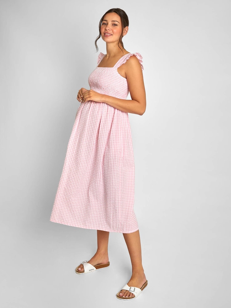 JoJo Maman Bébé Pink Gingham Shirred Maternity Midi Dress - Image 1 of 5
