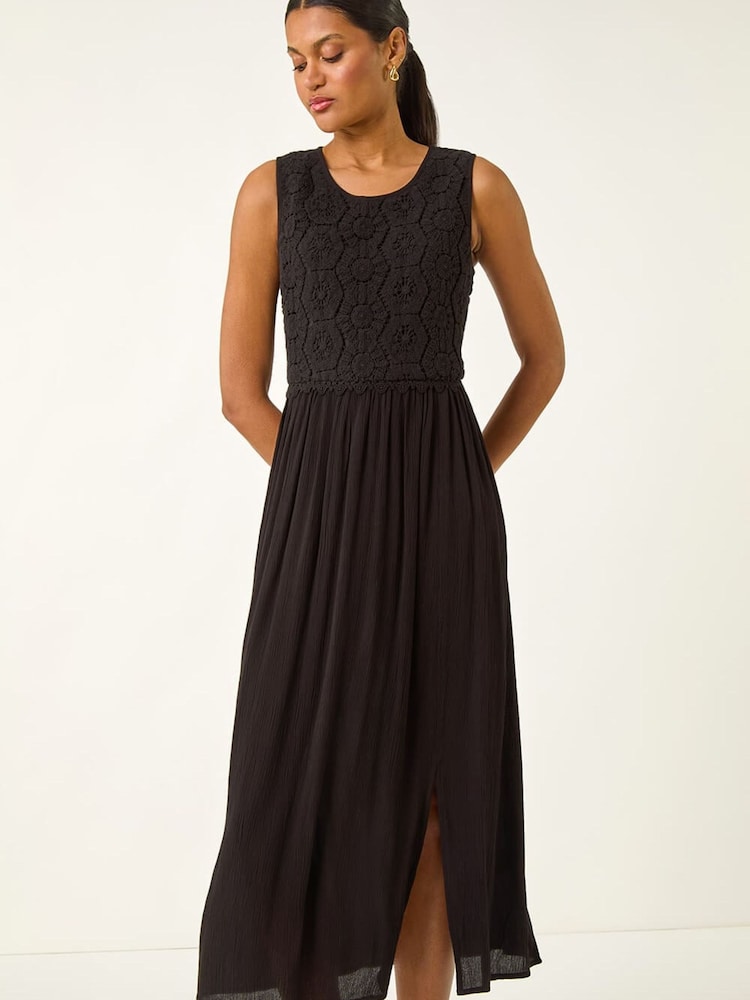 Roman Black Crochet Bodice Midi Dress - Image 1 of 5