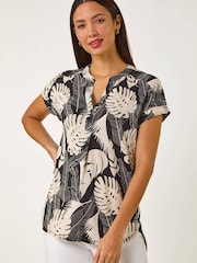 Roman Natural Textured Leaf Print V-Neck Stretch Top - Image 1 of 5