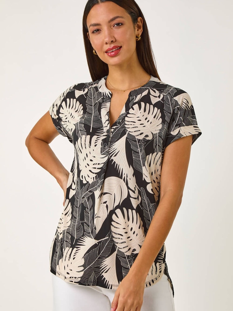 Roman Natural Textured Leaf Print V-Neck Stretch Top - Image 1 of 5