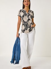 Roman Natural Textured Leaf Print V-Neck Stretch Top - Image 3 of 5