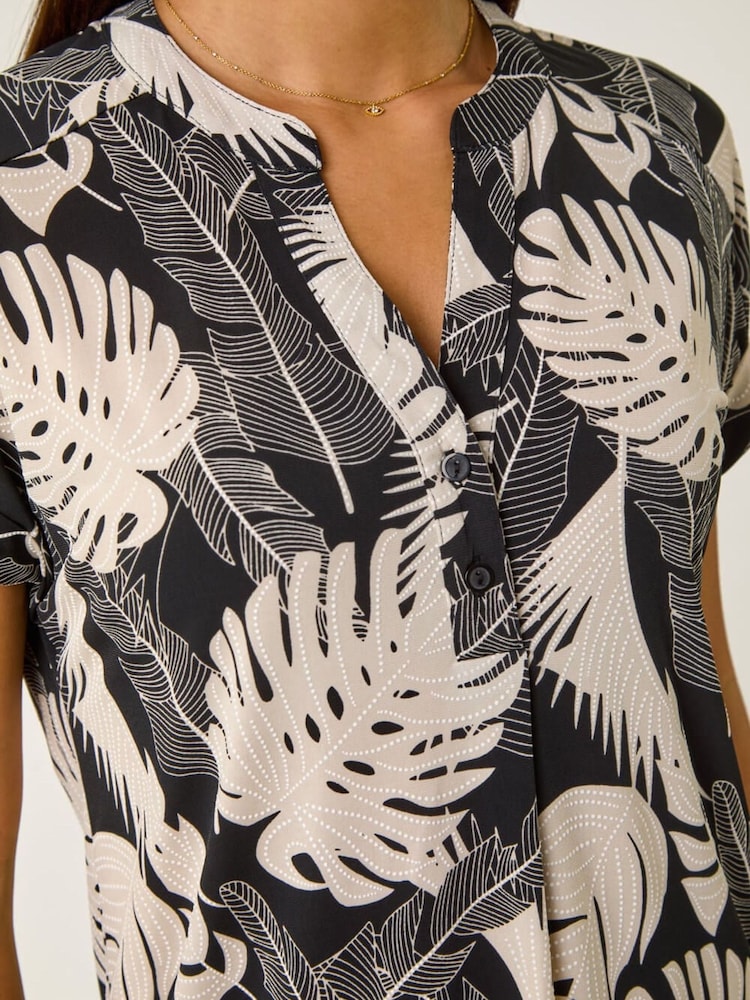 Roman Natural Textured Leaf Print V-Neck Stretch Top - Image 5 of 5