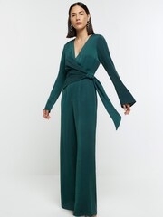 River Island Green Knot Side Satin Jumpsuit - Image 1 of 6