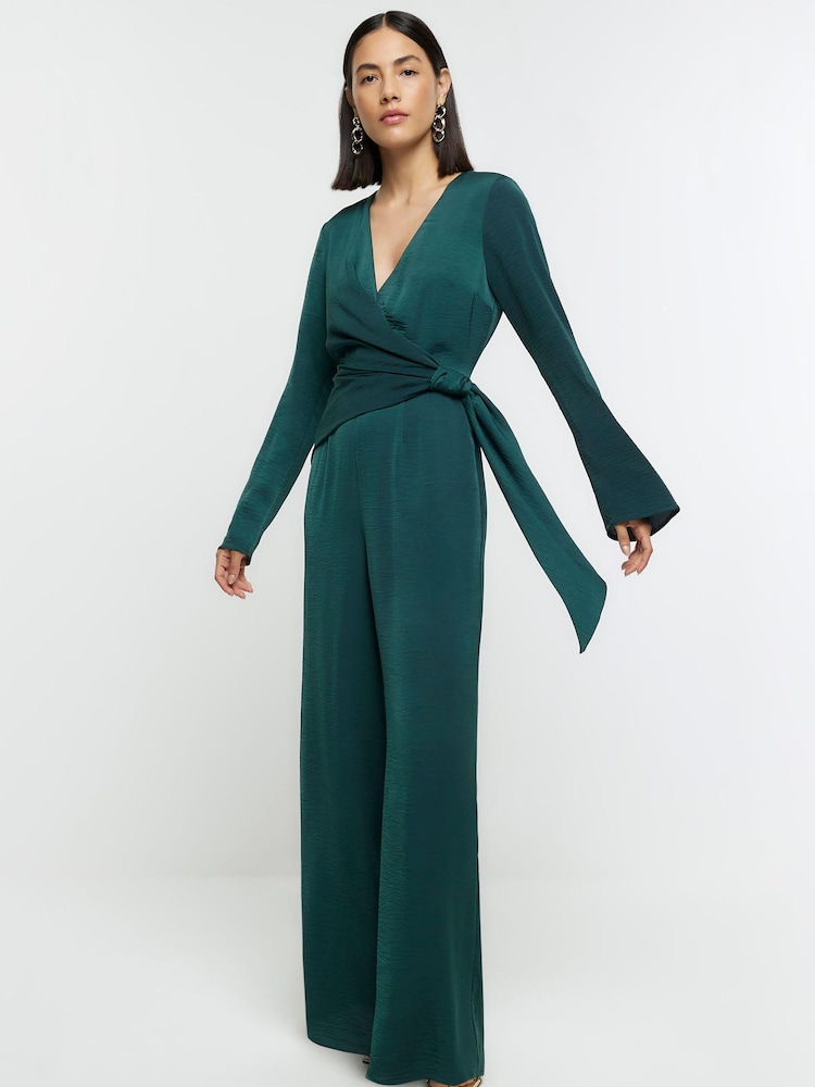 River Island Green Knot Side Satin Jumpsuit - Image 1 of 6