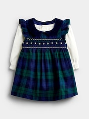 JoJo Maman Bébé Navy Blue Tartan Smocked Baby Dress & Bodysuit Set - Image 1 of 6