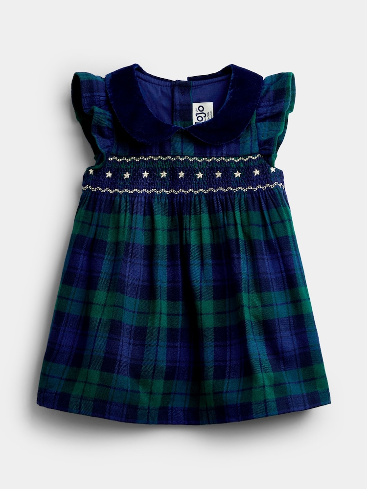 JoJo Maman Bébé Navy Blue Tartan Smocked Baby Dress & Bodysuit Set - Image 2 of 6 JoJo Maman Bébé Navy Blue Tartan Smocked Baby Dress & Bodysuit Set - Image 2 of 6
