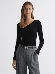 Reiss Black Sasha Fitted Ribbed Asymmetric Neck T-Shirt - Image 1 of 4