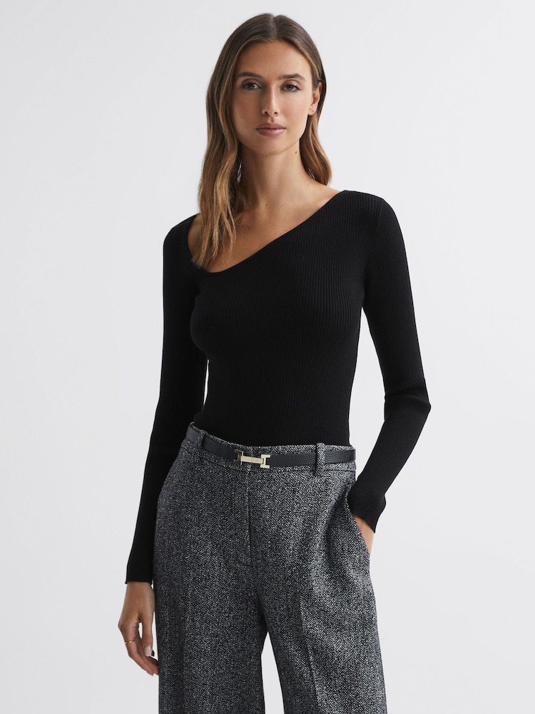 Reiss Black Sasha Fitted Ribbed Asymmetric Neck T-Shirt - Image 1 of 4