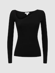 Reiss Black Sasha Fitted Ribbed Asymmetric Neck T-Shirt - Image 2 of 4