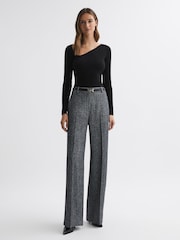Reiss Black Sasha Fitted Ribbed Asymmetric Neck T-Shirt - Image 3 of 4