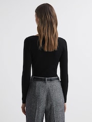 Reiss Black Sasha Fitted Ribbed Asymmetric Neck T-Shirt - Image 4 of 4