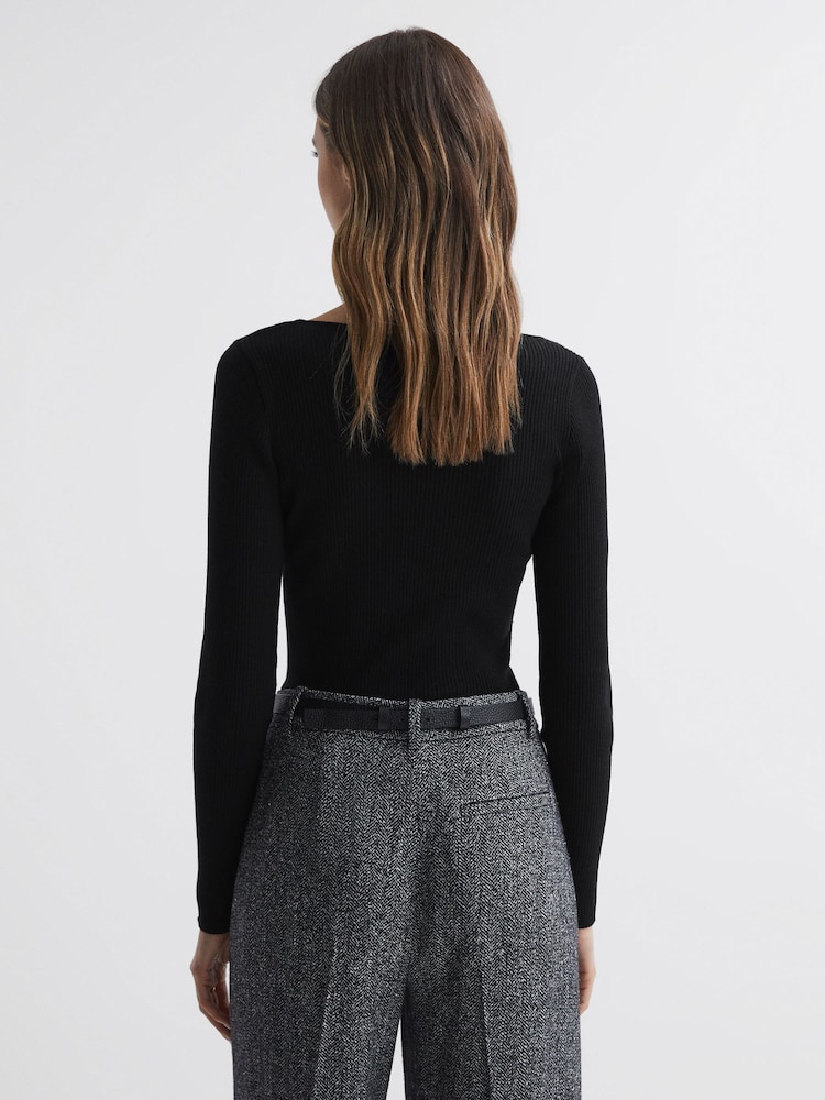 Reiss Black Sasha Fitted Ribbed Asymmetric Neck T-Shirt - Image 4 of 4