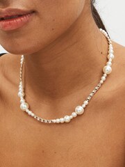 Gold Tone Diamanté And Pearl T-Bar Necklace - Image 1 of 4