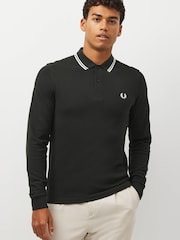 Nachtgrün/Weiß - Fred Perry Langärmeliges Poloshirt mit doppelten Zierstreifen - Bild 1 von 7