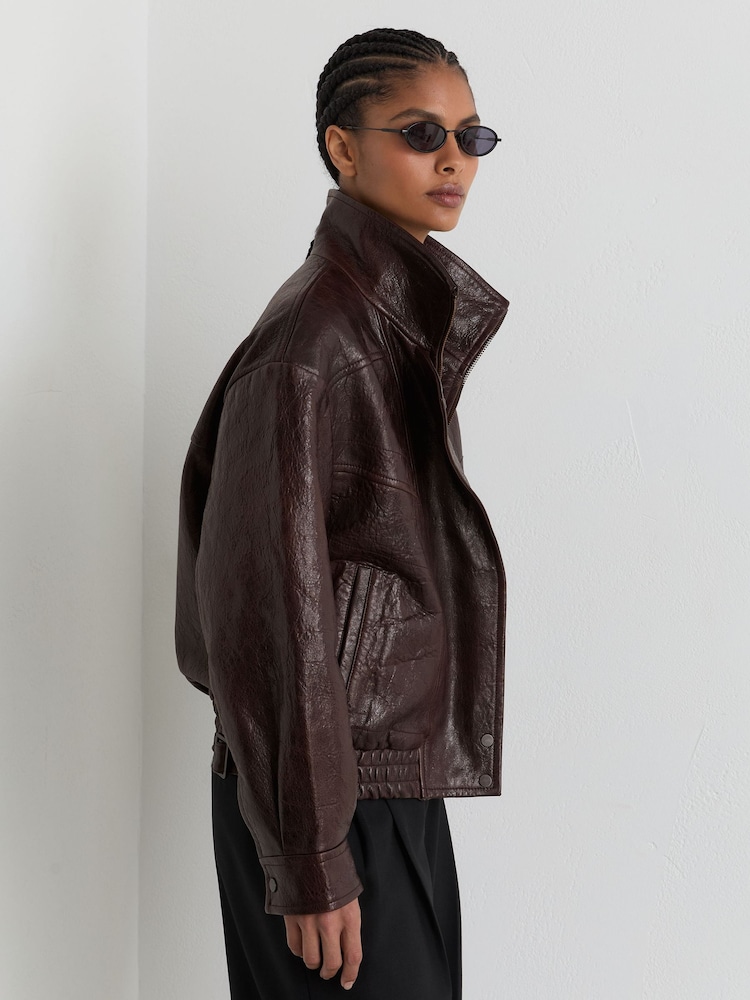 Reiss Aubergine Petra Textured Leather Oversized Jacket - Image 1 of 9 Reiss Aubergine Petra Textured Leather Oversized Jacket - Image 1 of 9