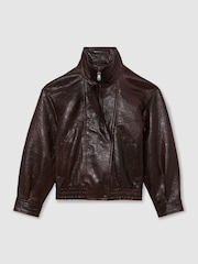 Reiss Aubergine Petra Textured Leather Oversized Jacket - Image 2 of 9
