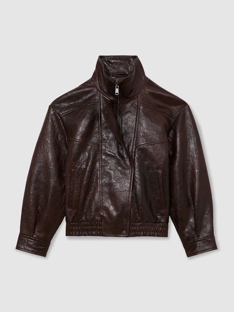 Reiss Aubergine Petra Textured Leather Oversized Jacket - Image 2 of 9 Reiss Aubergine Petra Textured Leather Oversized Jacket - Image 2 of 9