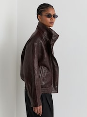 Reiss Aubergine Petra Textured Leather Oversized Jacket - Image 5 of 9