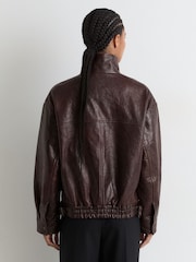 Reiss Aubergine Petra Textured Leather Oversized Jacket - Image 7 of 9